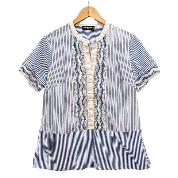 Karl Lagerfeld Tops - Authentic KARL LAGERFELD PARIS Blue Striped Cotton Blouse w/ Lace Sleeves Size S